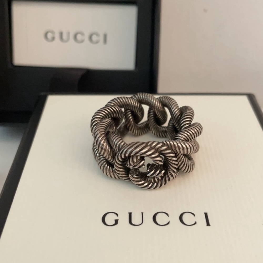 GUCCI UNISEX INTERLOCKING G GOURMETTE STERLING SILVER RING AUTHENTIC πππ - Picture 11 of 15